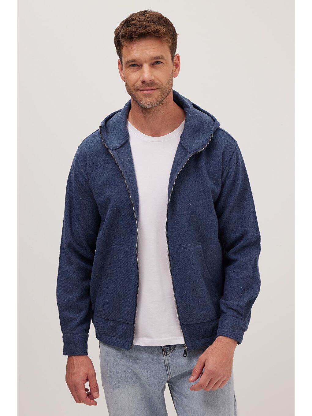 Erkek Relax Fit Rahat Kesim Fermuarlı Çift Cep Kapüşonlu İndigo Sweatshirt-1