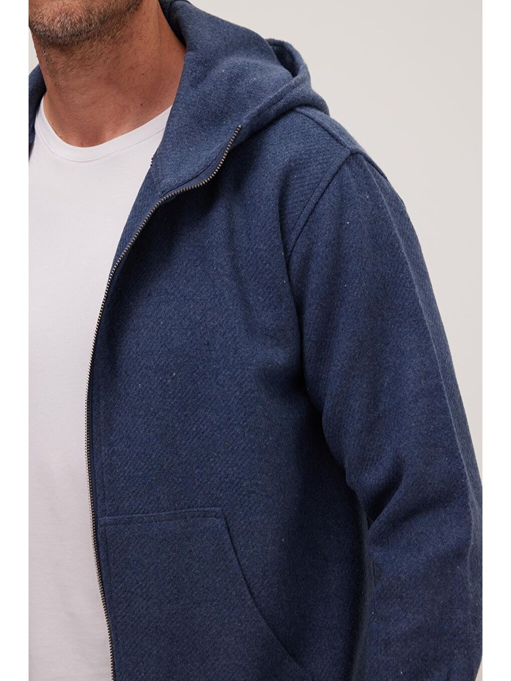 Erkek Relax Fit Rahat Kesim Fermuarlı Çift Cep Kapüşonlu İndigo Sweatshirt-2