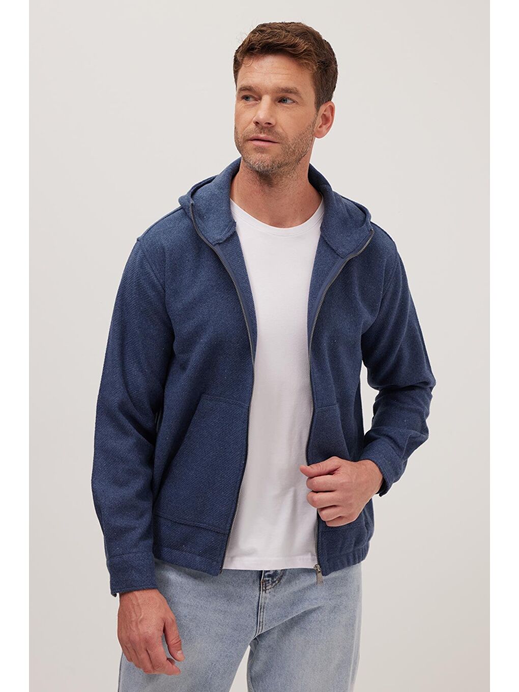 Erkek Relax Fit Rahat Kesim Fermuarlı Çift Cep Kapüşonlu İndigo Sweatshirt-3