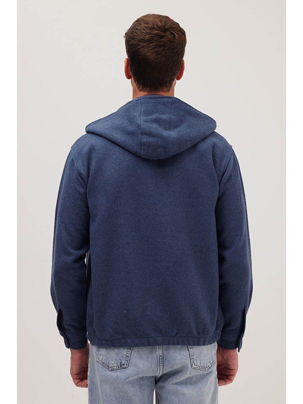 Erkek Relax Fit Rahat Kesim Fermuarlı Çift Cep Kapüşonlu İndigo Sweatshirt-5