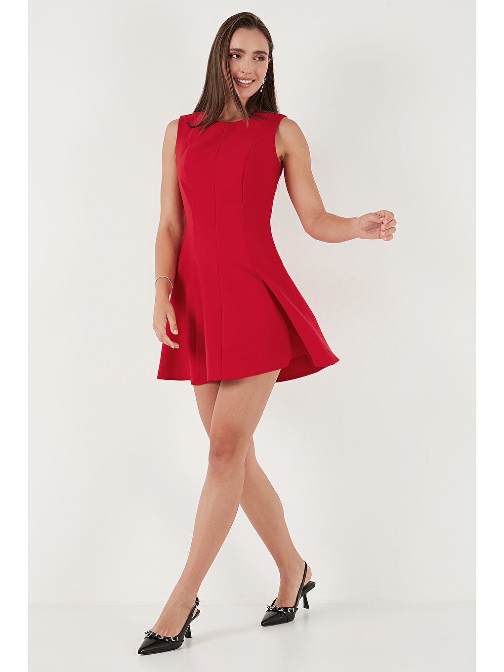 Kırmızı Regular Fit Bisiklet Yaka Volanlı Mini Boy Elbise 6525647-4