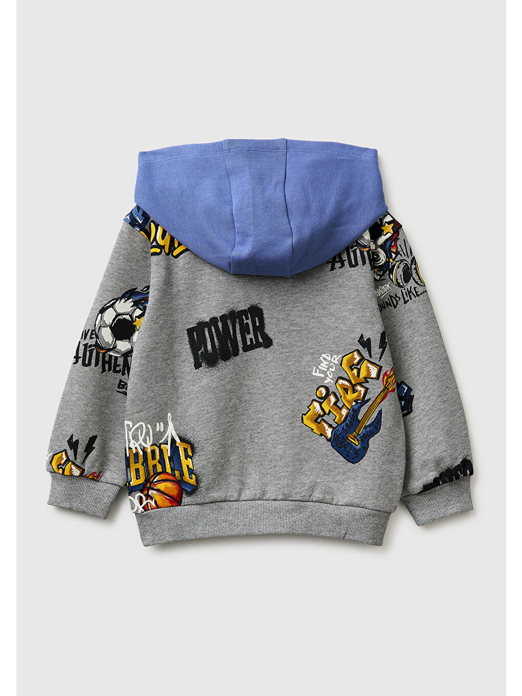Erkek Çocuk Gri Mix Tamamı Desenli Logo Etiketli Bol Kalıp Kapüşonlu Sweatshirt-1
