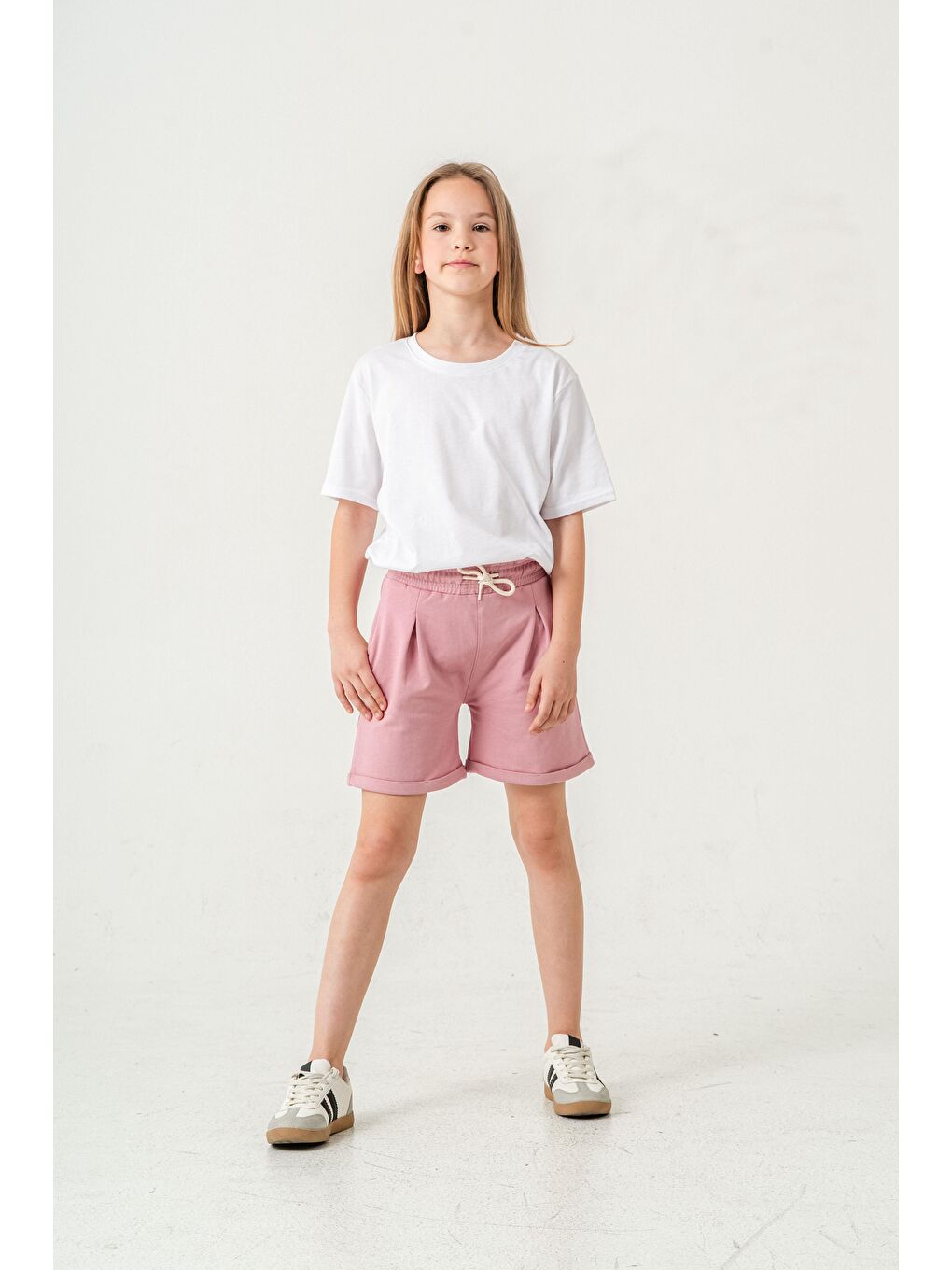 Pembe Duble Paça Kemer Kordonlu Kız Çocuk Şort