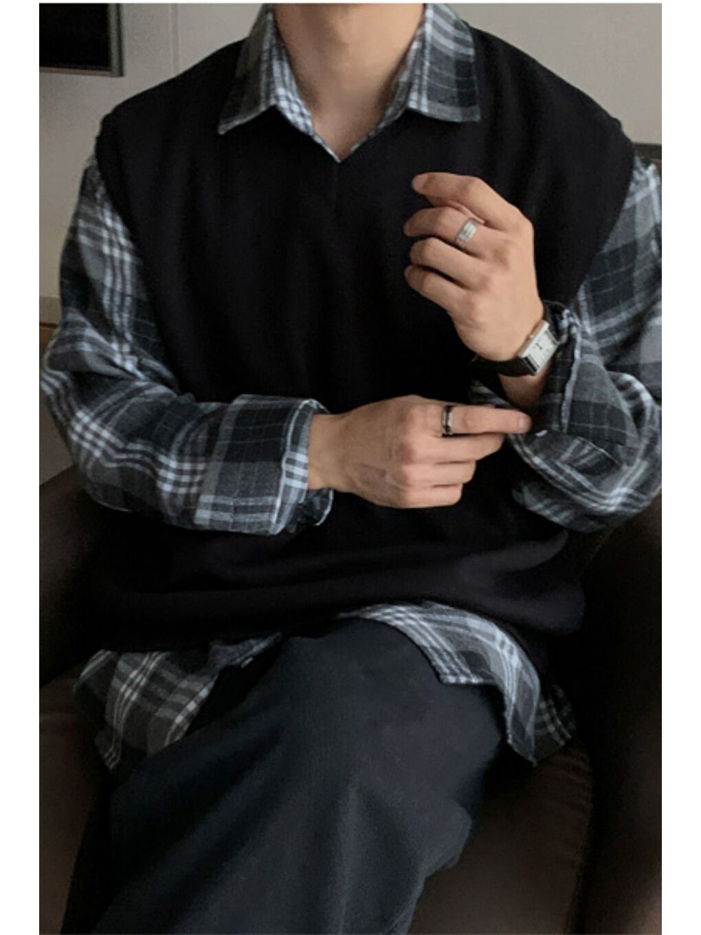 Erkek Siyah V Yaka Oversize Süveter-6