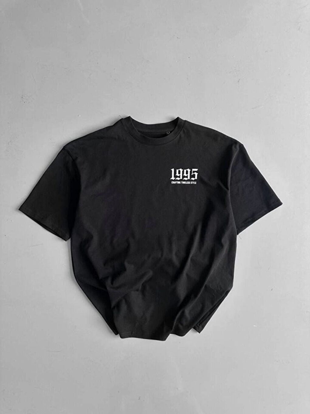 Baskılı Oversize Bisiklet Yaka T-shirt - Siyah