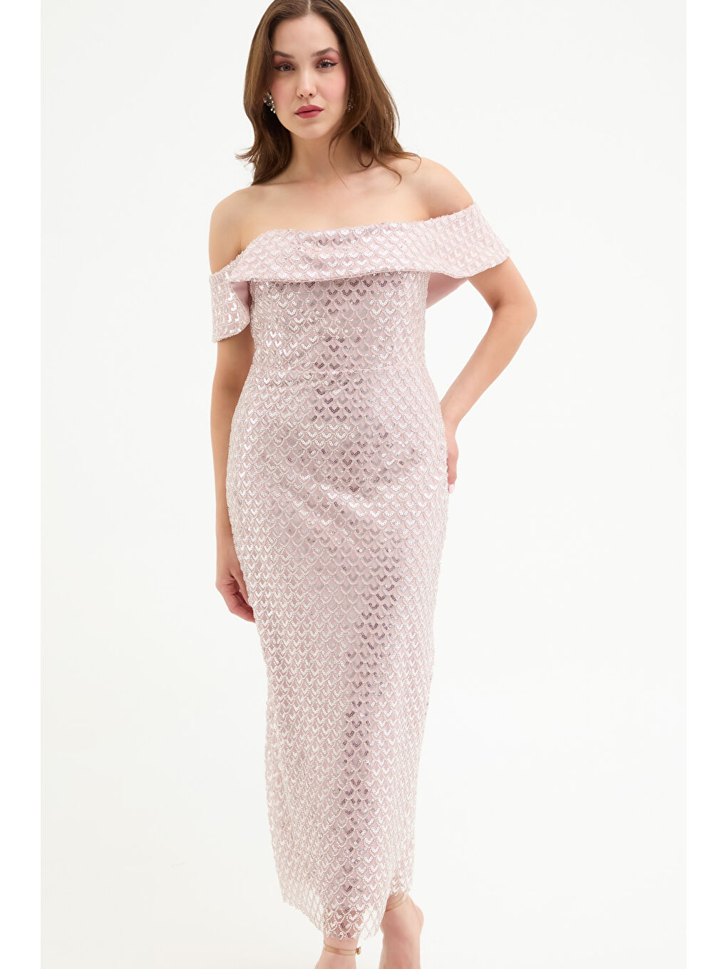 Pembe Kadın Pudra Kayık Yaka Pul Payet Midi Abiye Elbise-2