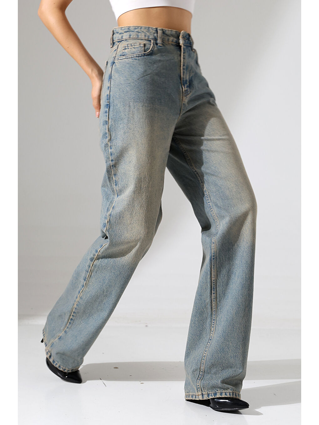 Mavi Kadın Vintage Yıkama Yüksek Bel Bol Paça Jean-1