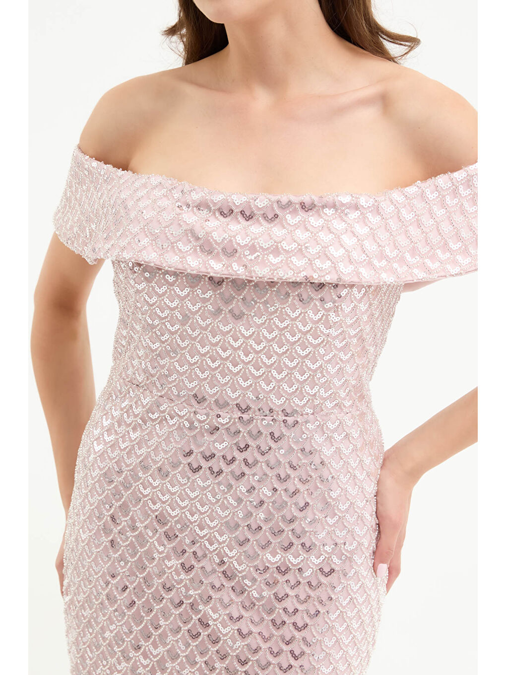 Pembe Kadın Pudra Kayık Yaka Pul Payet Midi Abiye Elbise-3