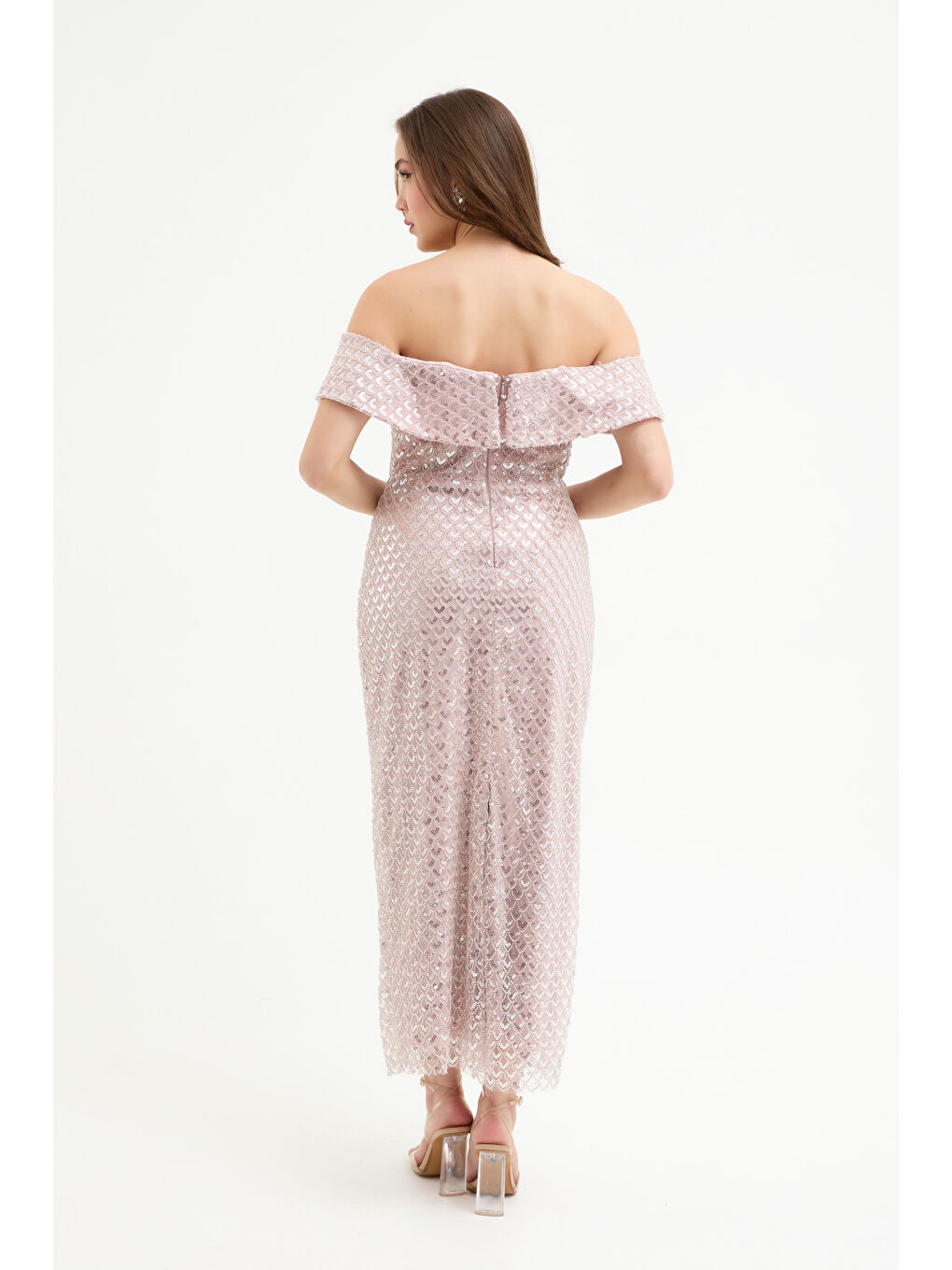 Pembe Kadın Pudra Kayık Yaka Pul Payet Midi Abiye Elbise-4