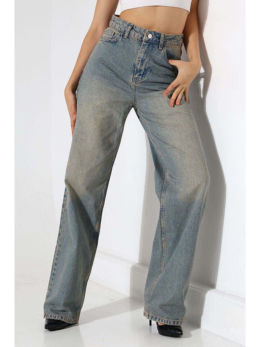 Mavi Kadın Vintage Yıkama Yüksek Bel Bol Paça Jean-2