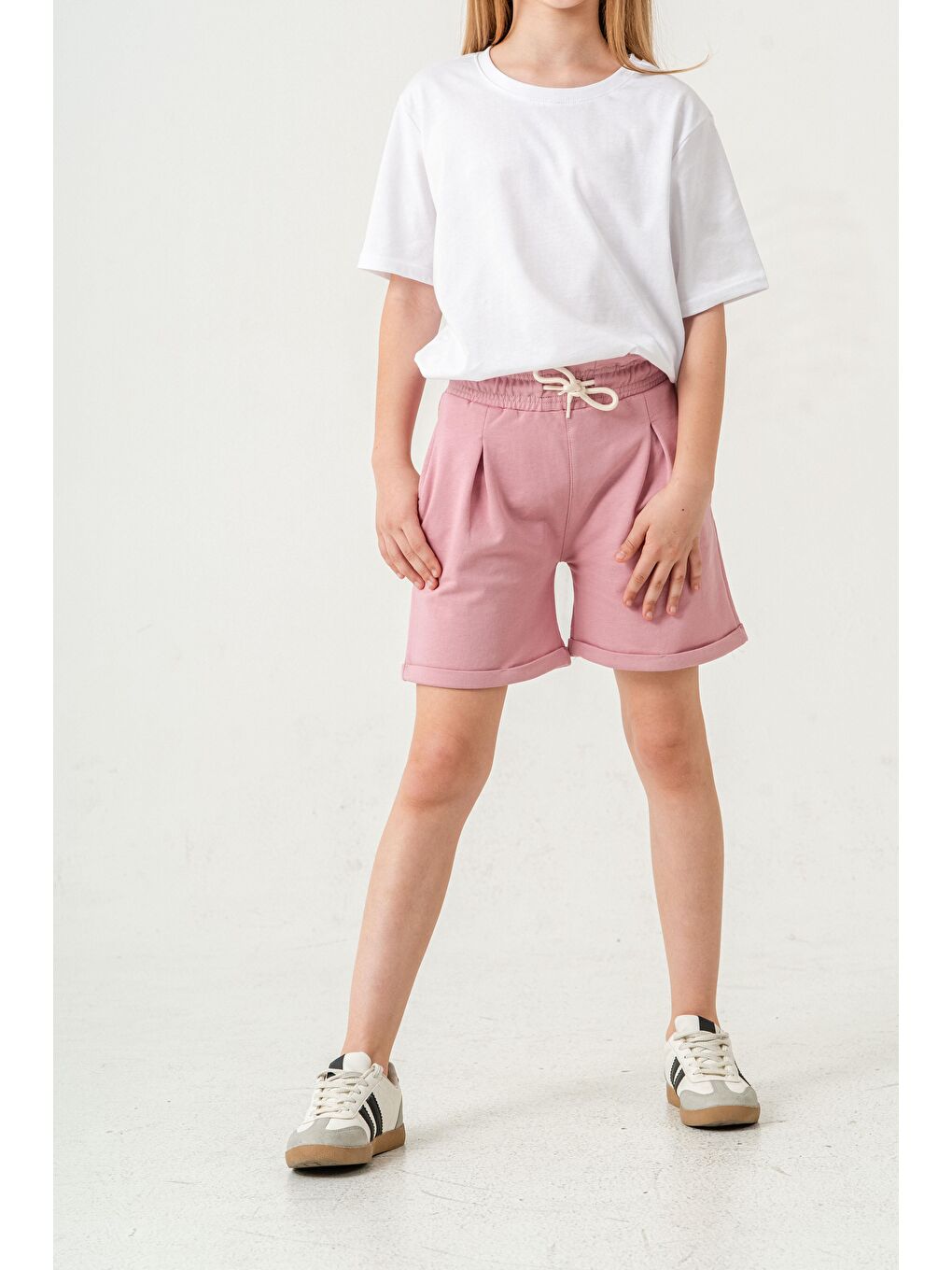 Pembe Duble Paça Kemer Kordonlu Kız Çocuk Şort-1