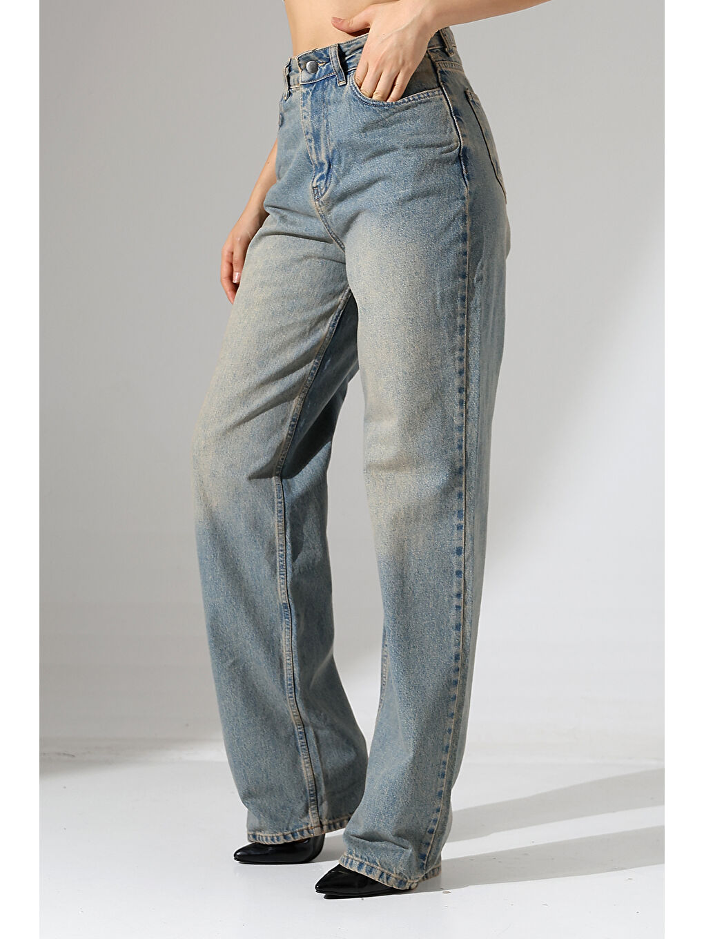 Mavi Kadın Vintage Yıkama Yüksek Bel Bol Paça Jean-4