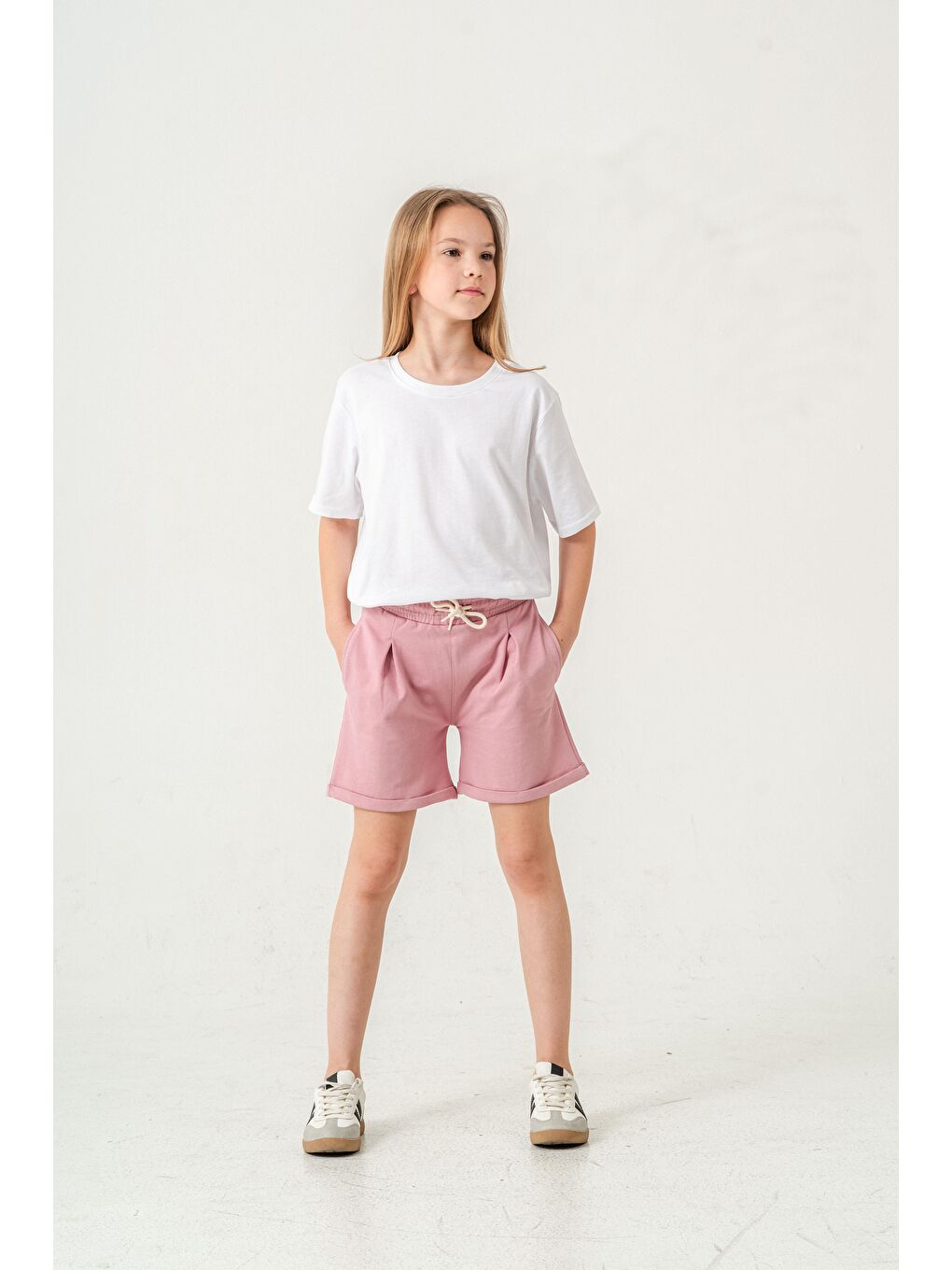 Pembe Duble Paça Kemer Kordonlu Kız Çocuk Şort-3
