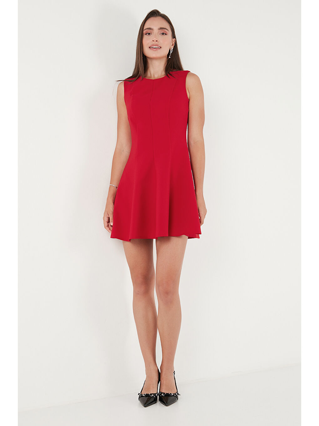 Kırmızı Regular Fit Bisiklet Yaka Volanlı Mini Boy Elbise 6525647-5