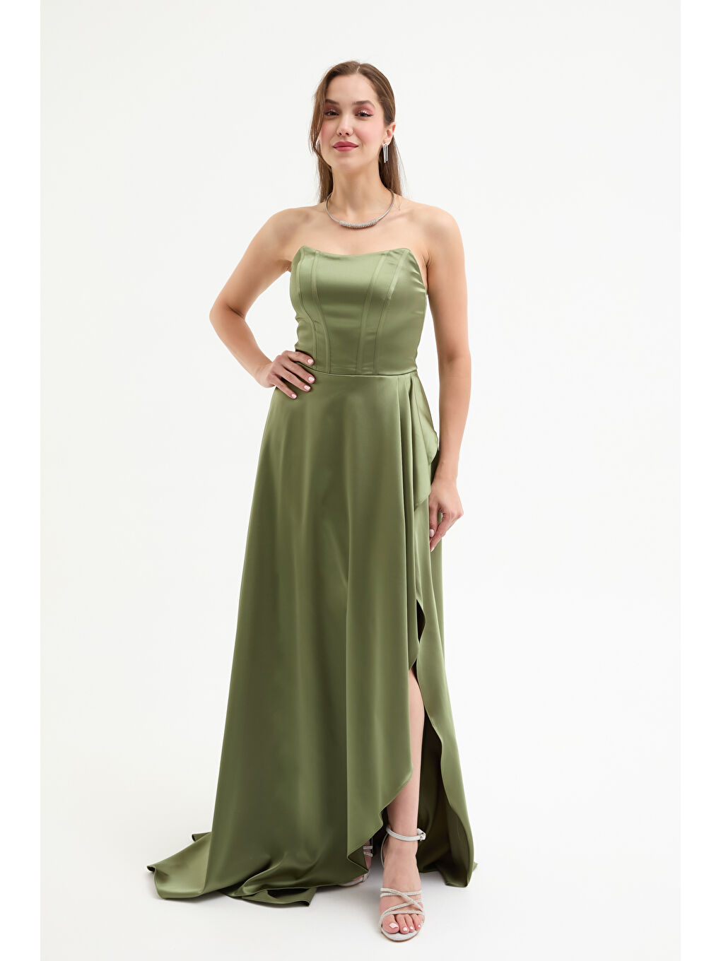 Kadın Haki Straplez Balen Korse Detay Uzun Abiye Elbise-1