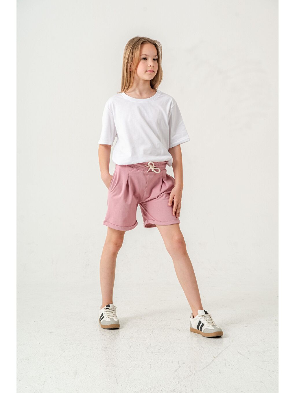 Pembe Duble Paça Kemer Kordonlu Kız Çocuk Şort-4