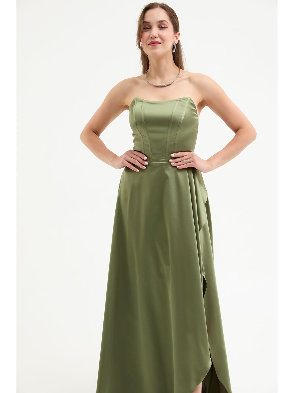 Kadın Haki Straplez Balen Korse Detay Uzun Abiye Elbise-2