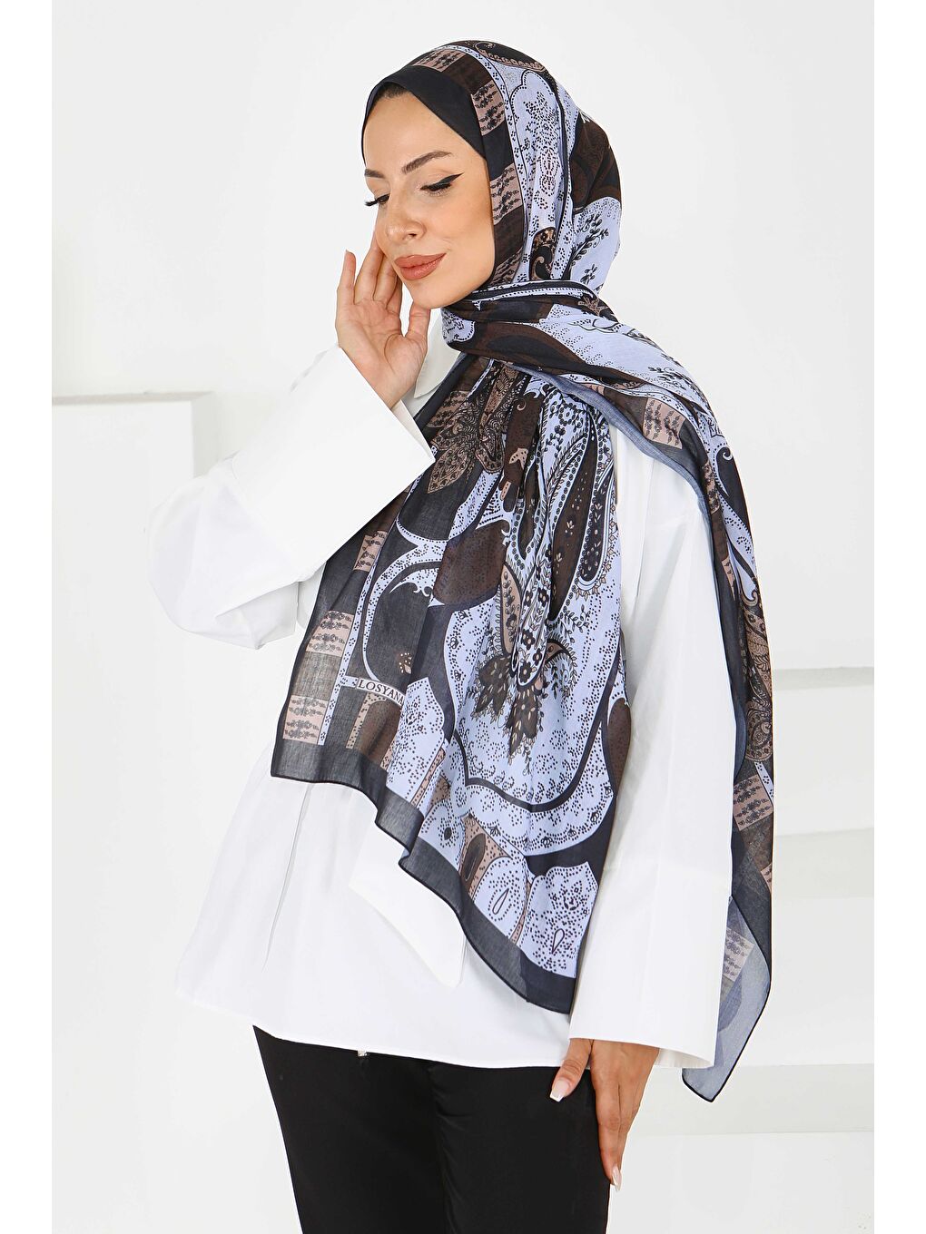 İndigo Etnik Pamuk Vual Desen Şal Indigo - 27597-1