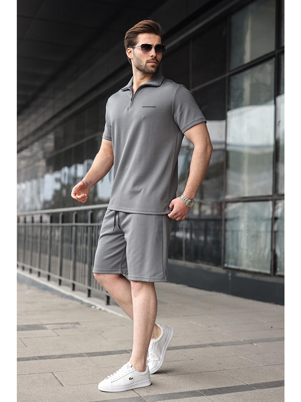 Gri Füme Yarım Fermuarlı Polo Yaka T-Shirt Şort Takım E7348