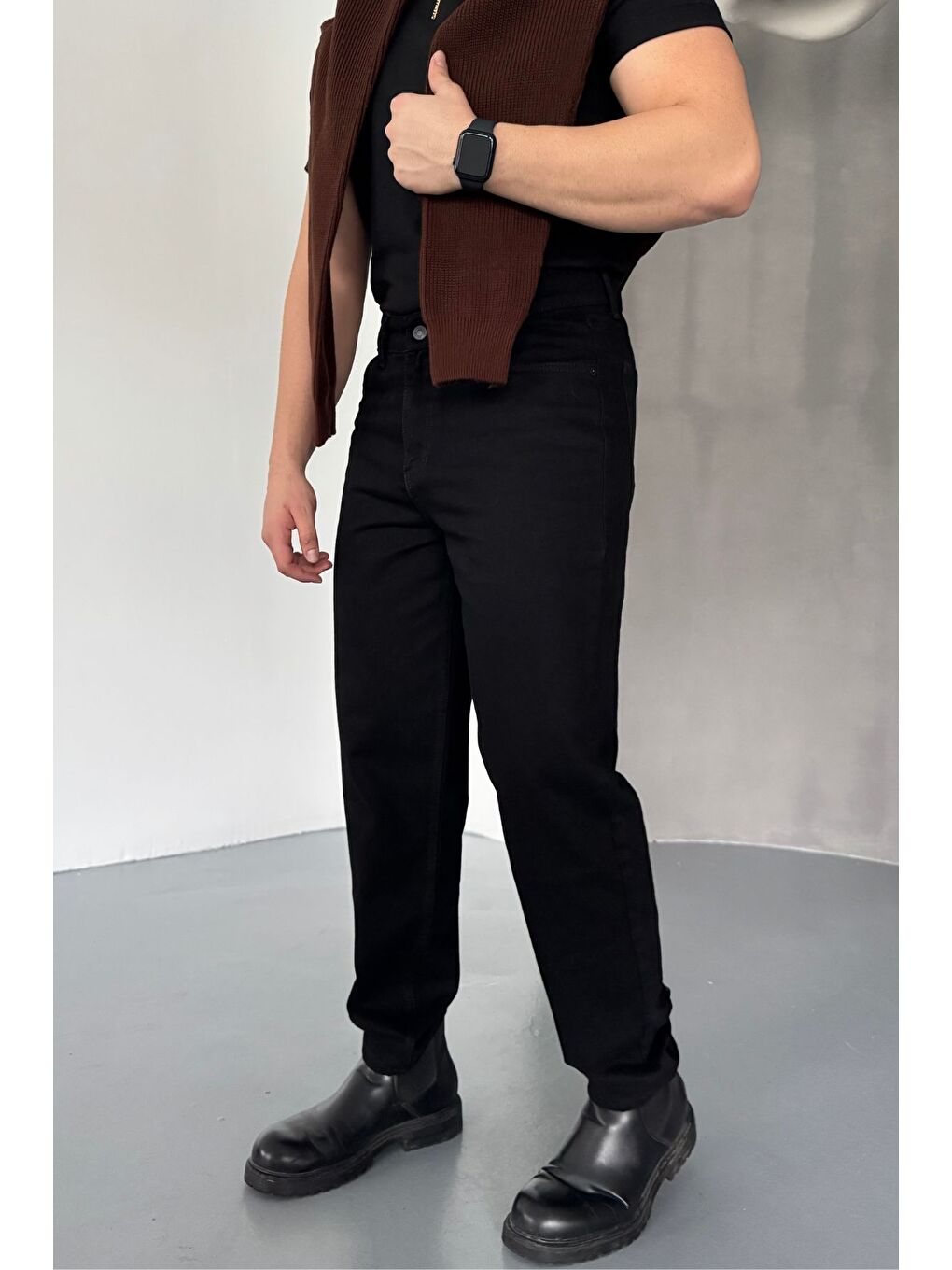 Siyah Erkek Basic Boyfriend Kalıp Yıkamalı Jean Pantolon-3