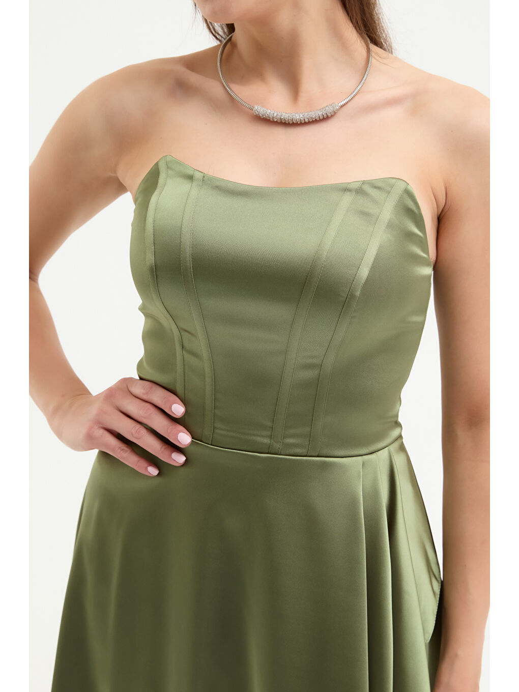 Kadın Haki Straplez Balen Korse Detay Uzun Abiye Elbise-3