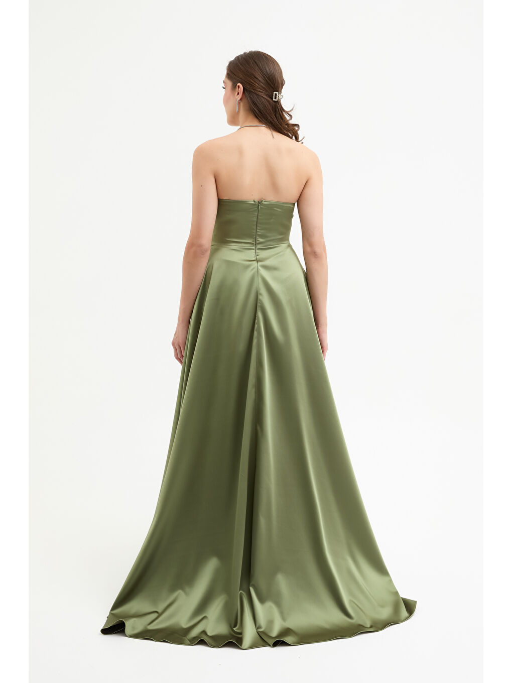 Kadın Haki Straplez Balen Korse Detay Uzun Abiye Elbise-4