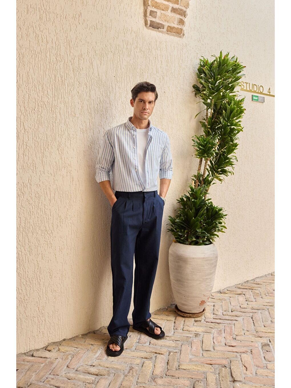 Mavi Senoc Erkek Gömlek Modern Slim Fit Keten Görünümlü Kalın Çizgili