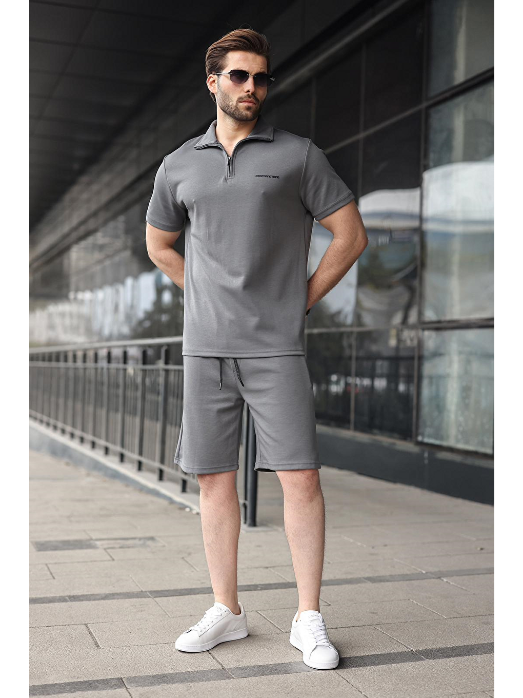 Gri Füme Yarım Fermuarlı Polo Yaka T-Shirt Şort Takım E7348-1