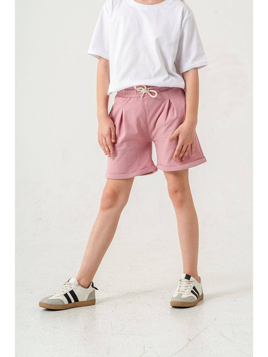 Pembe Duble Paça Kemer Kordonlu Kız Çocuk Şort-6