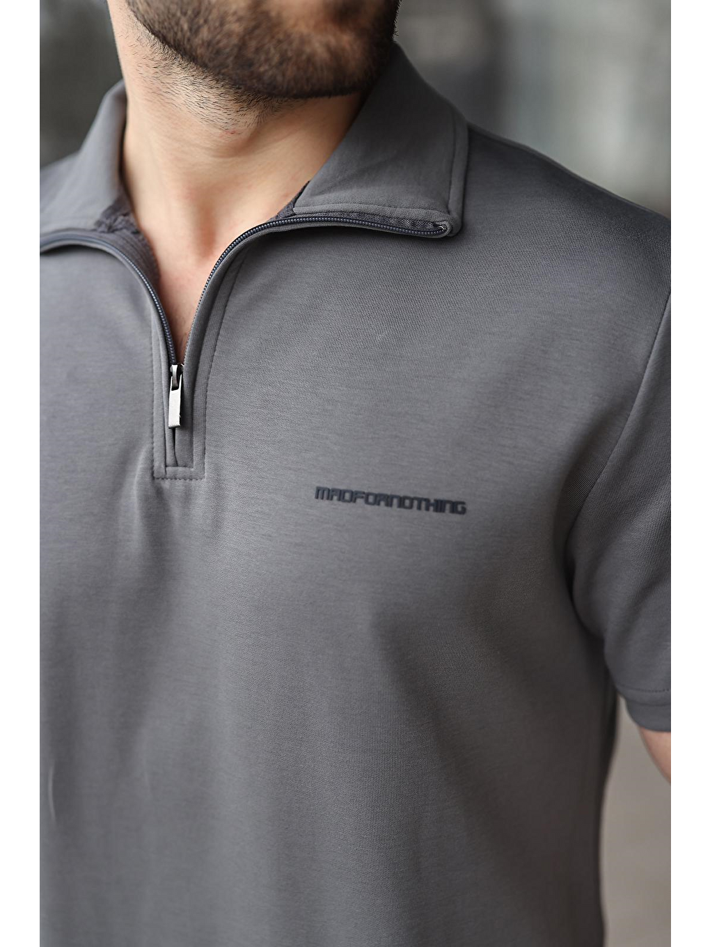 Gri Füme Yarım Fermuarlı Polo Yaka T-Shirt Şort Takım E7348-2