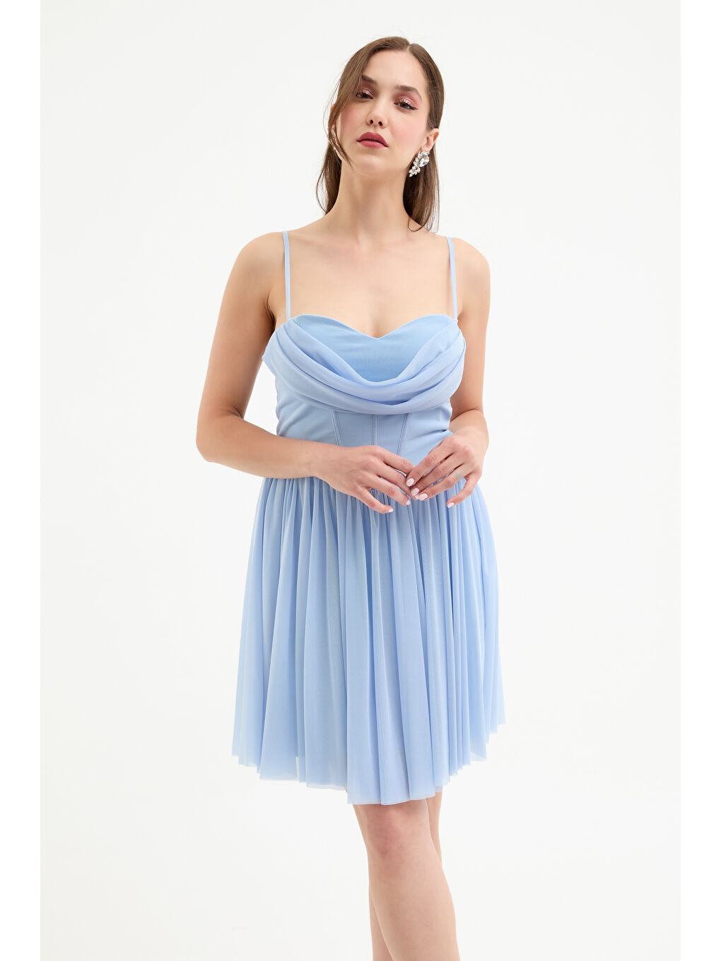 Kadın Bebe Mavi Askılı Mini Mezuniyet Abiye Elbise-1