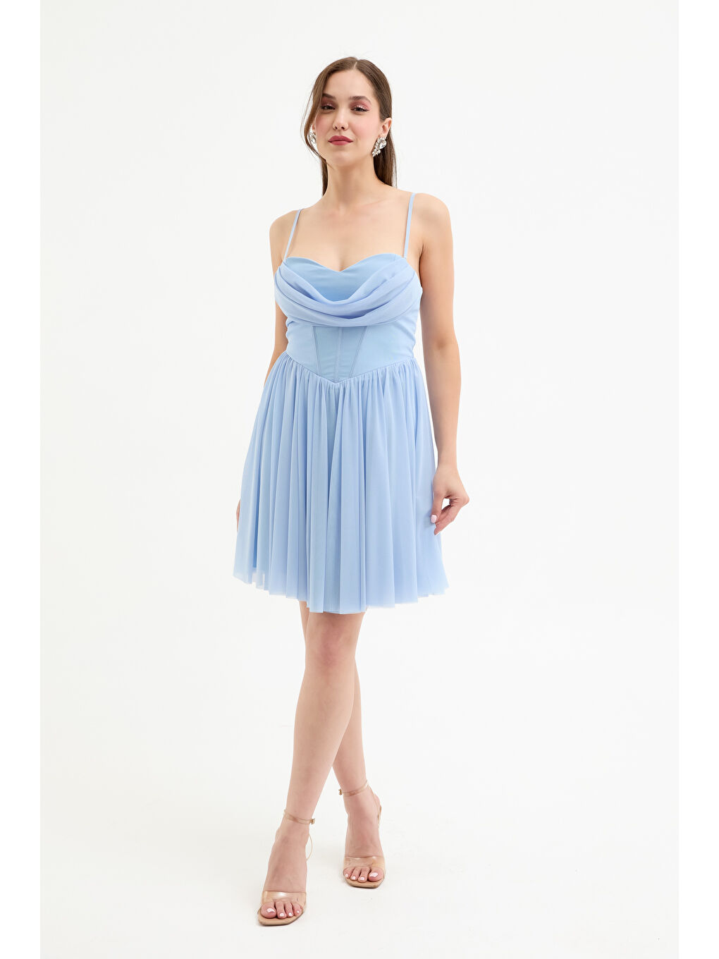 Kadın Bebe Mavi Askılı Mini Mezuniyet Abiye Elbise-3