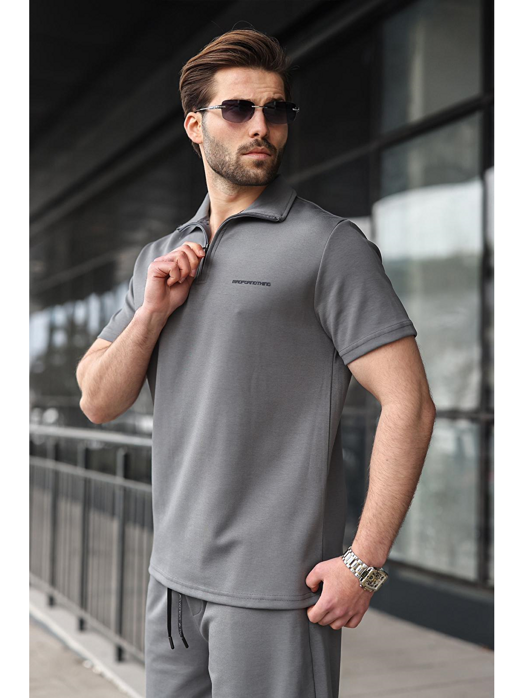 Gri Füme Yarım Fermuarlı Polo Yaka T-Shirt Şort Takım E7348-3