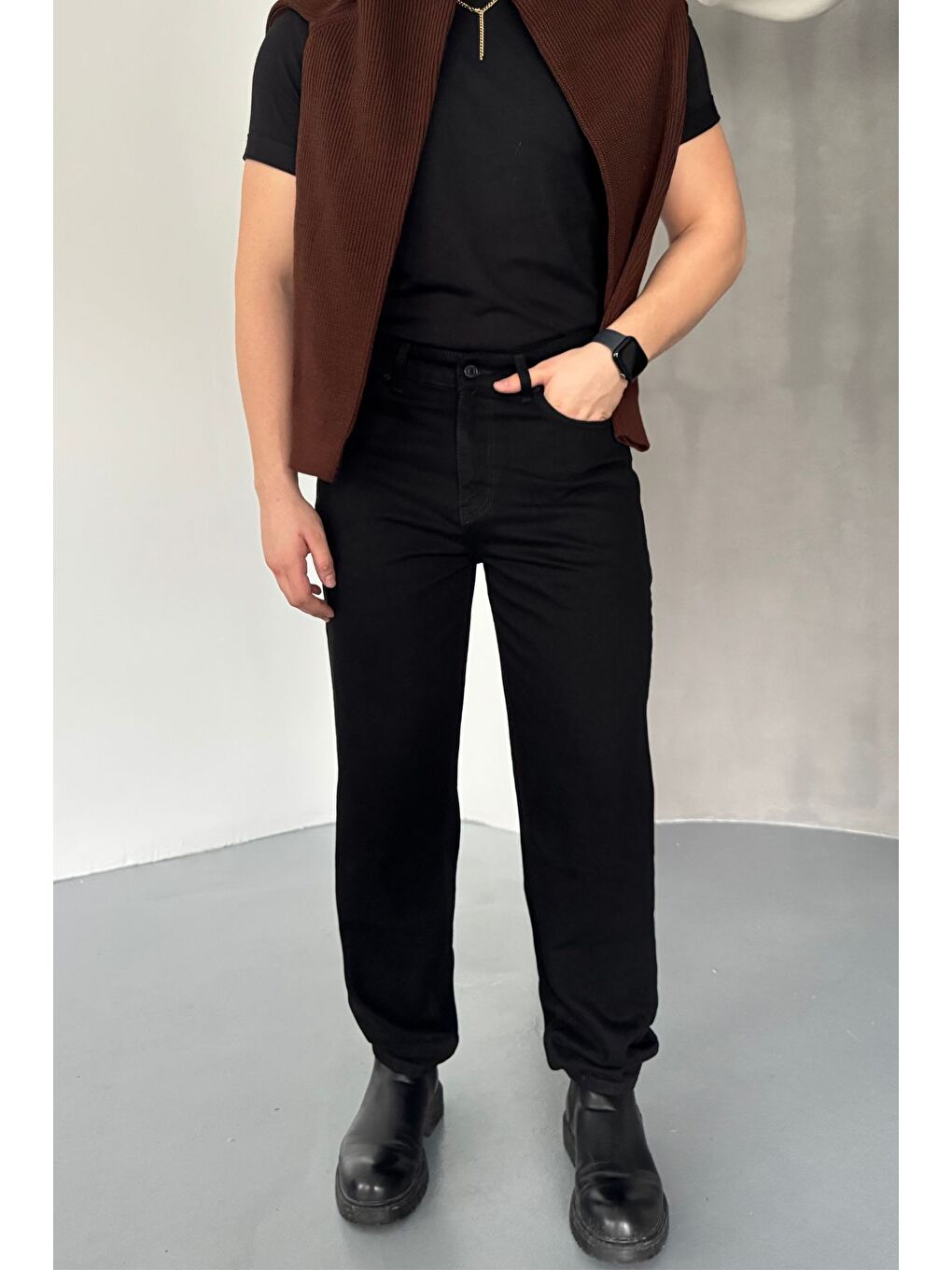 Siyah Erkek Basic Boyfriend Kalıp Yıkamalı Jean Pantolon-5