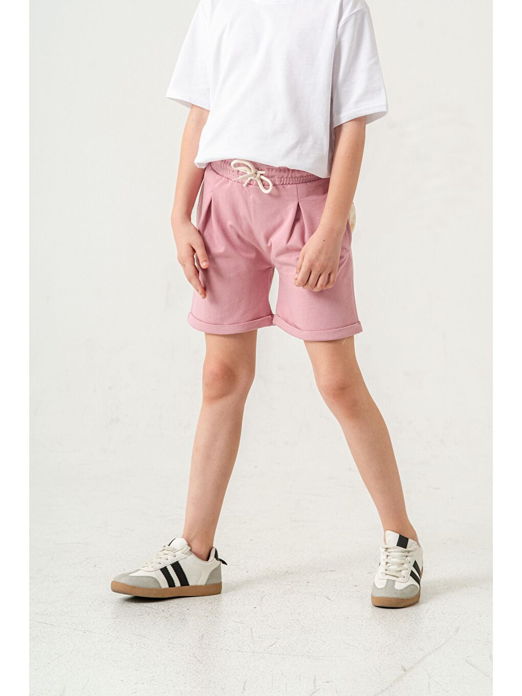 Pembe Duble Paça Kemer Kordonlu Kız Çocuk Şort-7