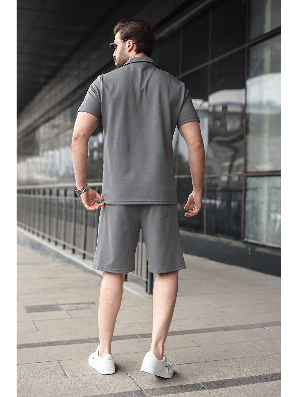 Gri Füme Yarım Fermuarlı Polo Yaka T-Shirt Şort Takım E7348-4