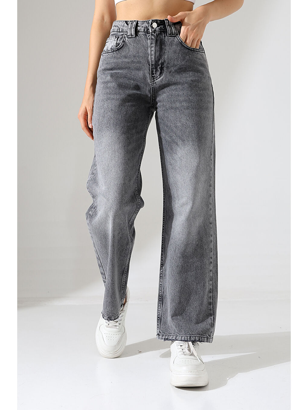 Kadın Gri Yüksek Bel Wide Leg Jean