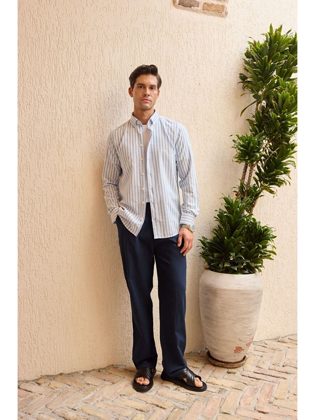 Mavi Senoc Erkek Gömlek Modern Slim Fit Keten Görünümlü Kalın Çizgili-1