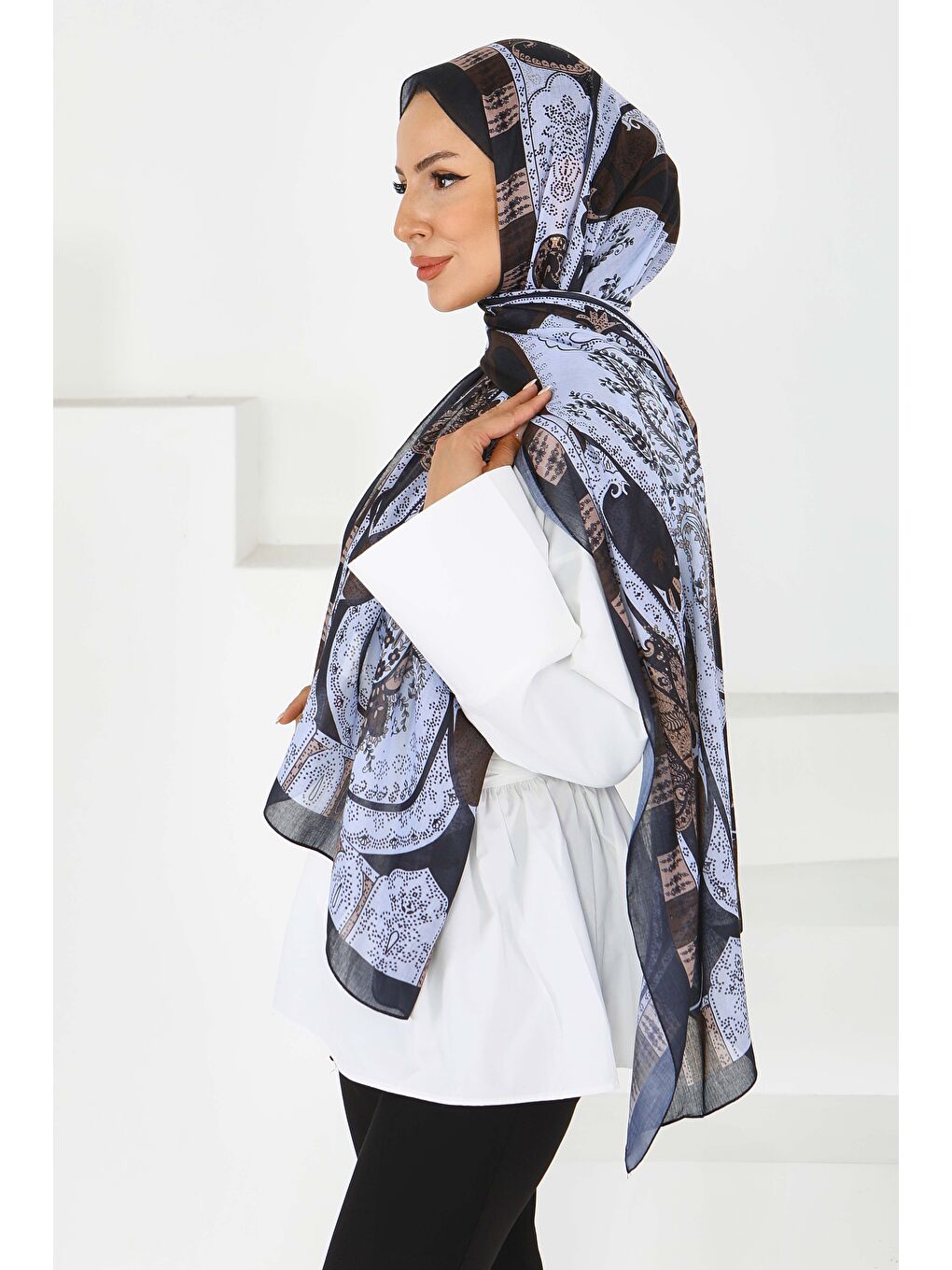 İndigo Etnik Pamuk Vual Desen Şal Indigo - 27597-2