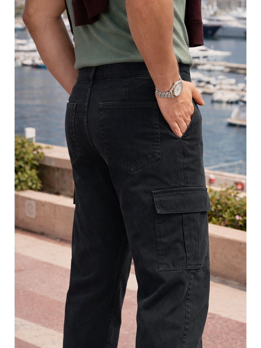 Gri Erkek Relax Fit Füme Baggy Kargo Pantolon-2