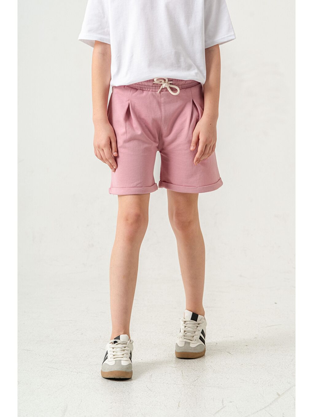 Pembe Duble Paça Kemer Kordonlu Kız Çocuk Şort-8