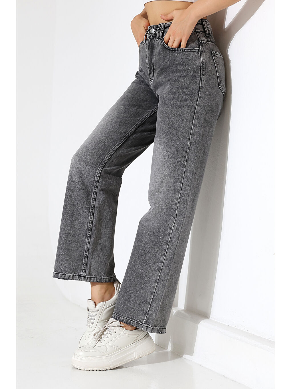 Kadın Gri Yüksek Bel Wide Leg Jean-1