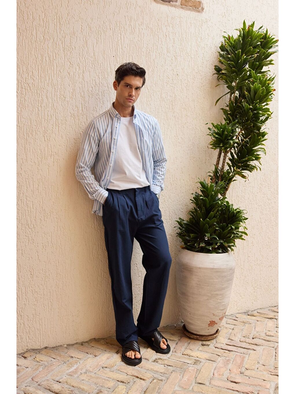 Mavi Senoc Erkek Gömlek Modern Slim Fit Keten Görünümlü Kalın Çizgili-2