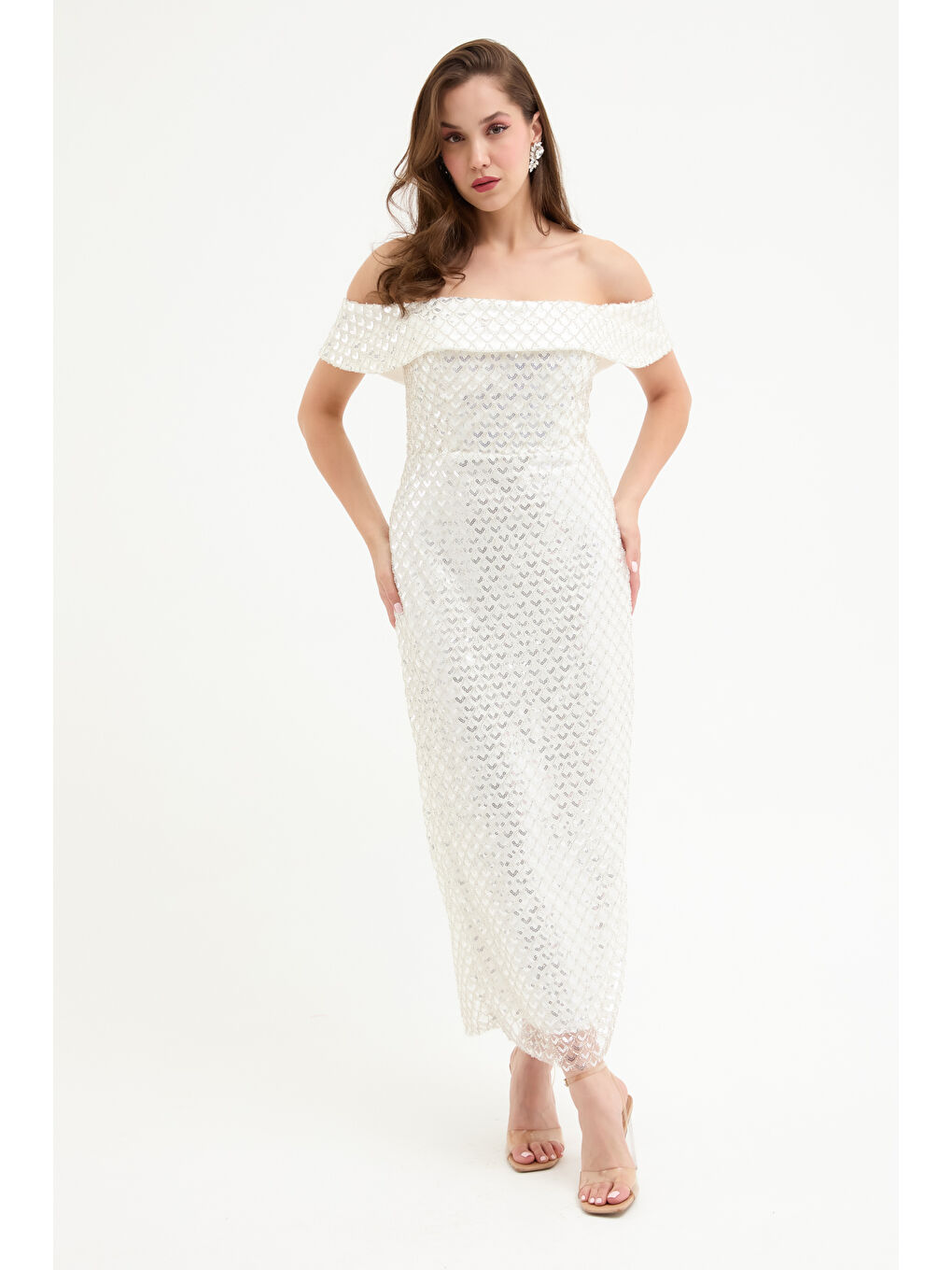 Kadın Beyaz Kayık Yaka Pul Payet Midi Abiye Elbise-1