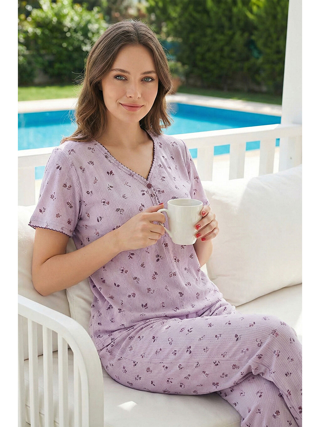 Kadın Çiçek Desenli Pamuklu Kısa Kol Pointelle Kumaş Pijama Takımı 3194 Lila-2