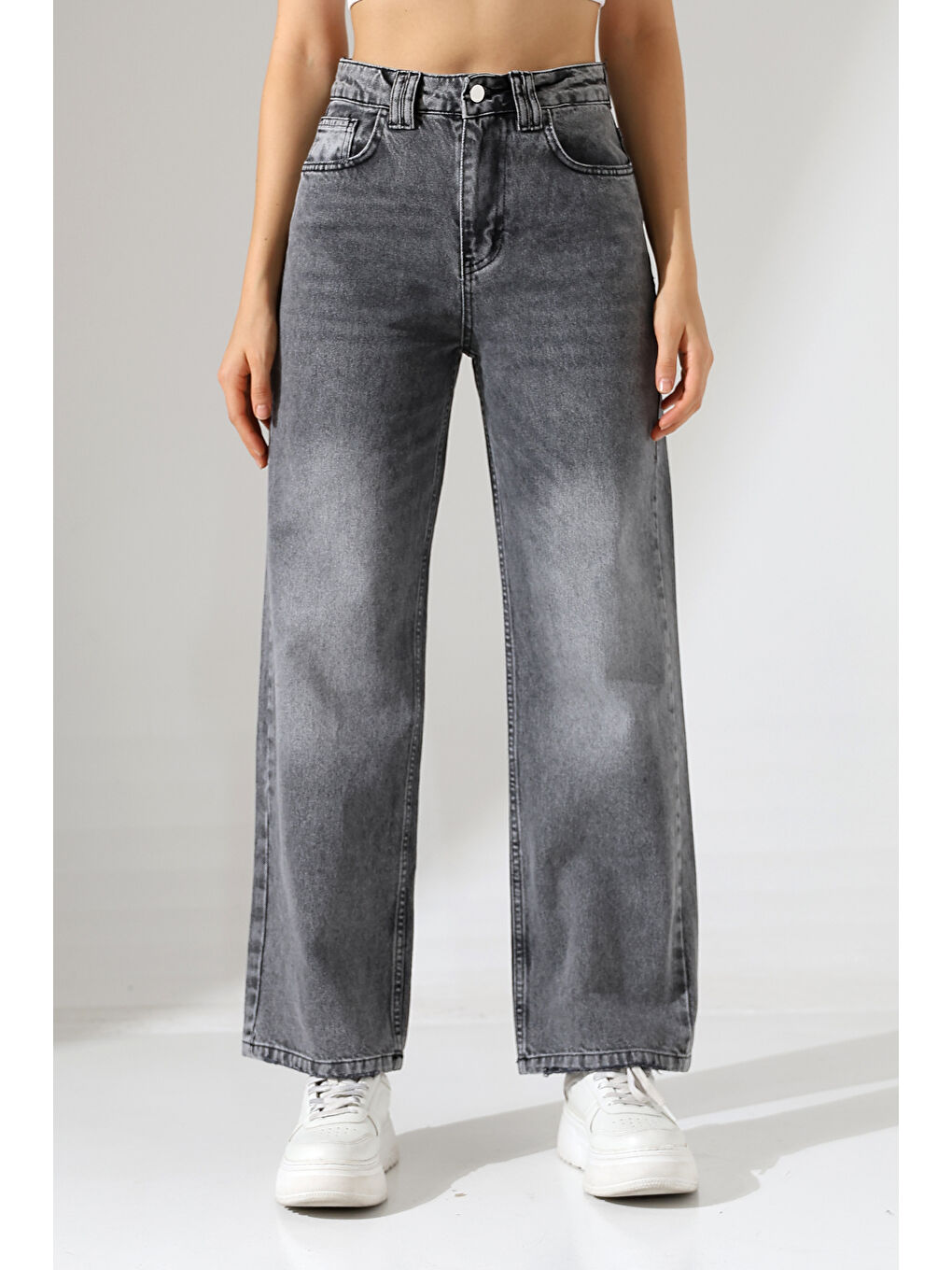 Kadın Gri Yüksek Bel Wide Leg Jean-2