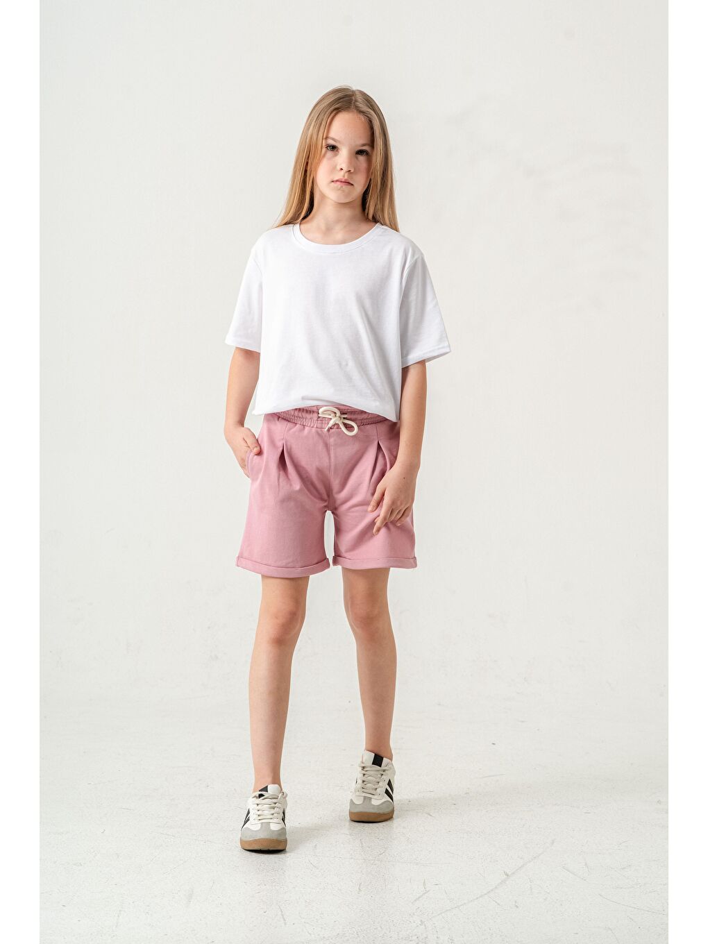 Pembe Duble Paça Kemer Kordonlu Kız Çocuk Şort-9