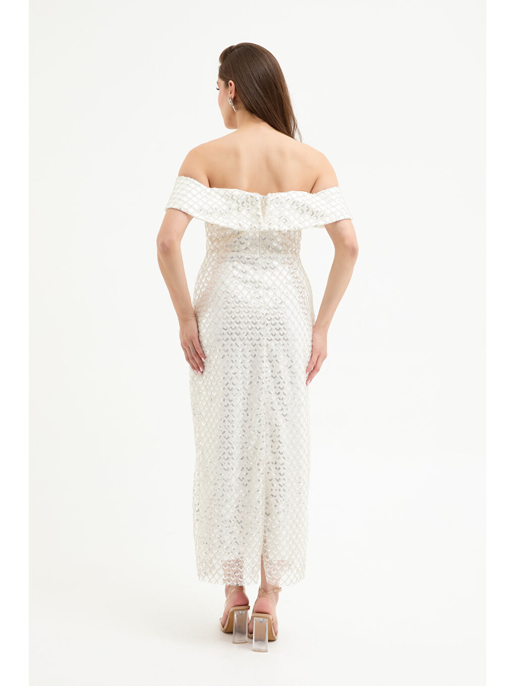 Kadın Beyaz Kayık Yaka Pul Payet Midi Abiye Elbise-4