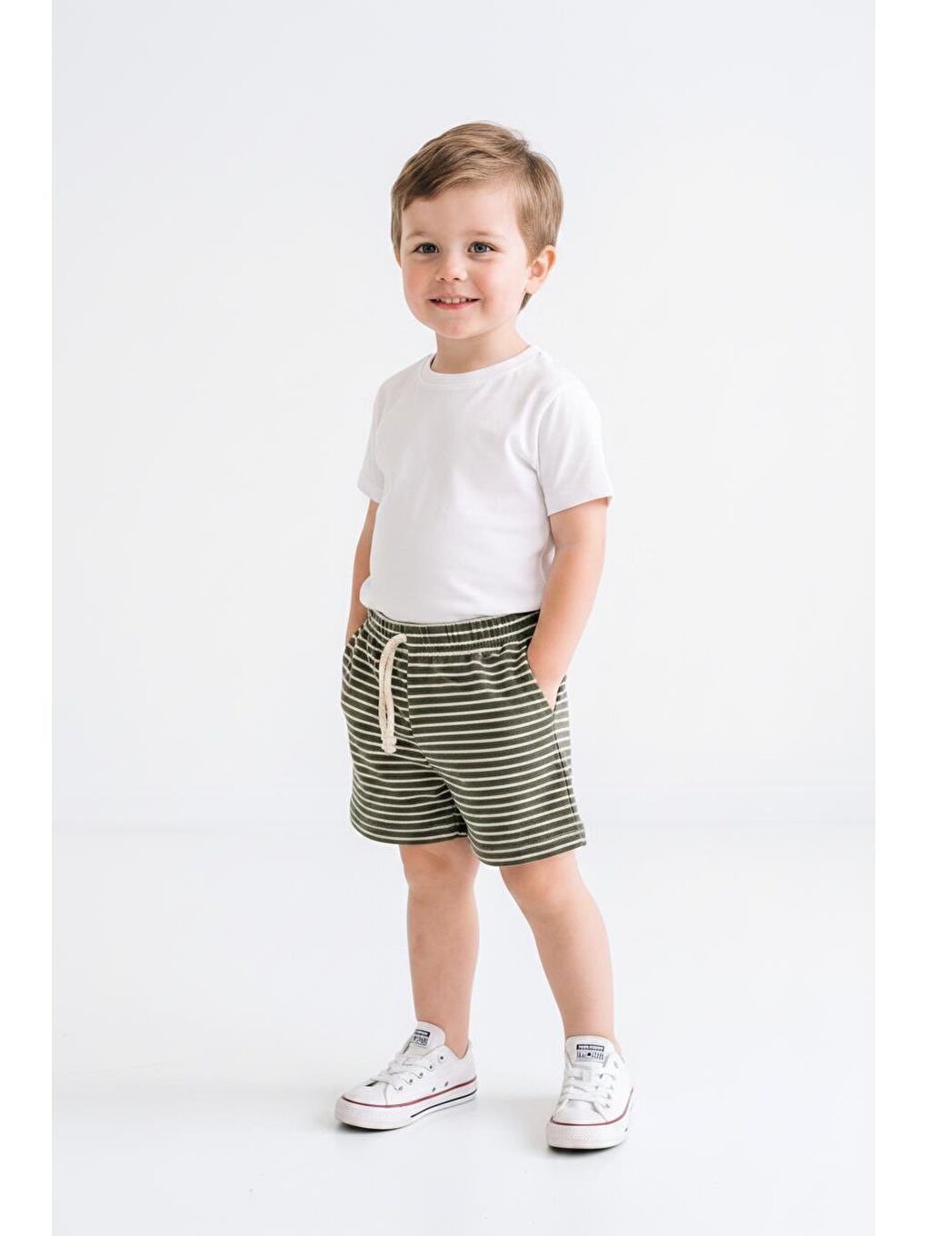 Haki Elastanlı Kabartma Çizgili 2li Şort Paket-1