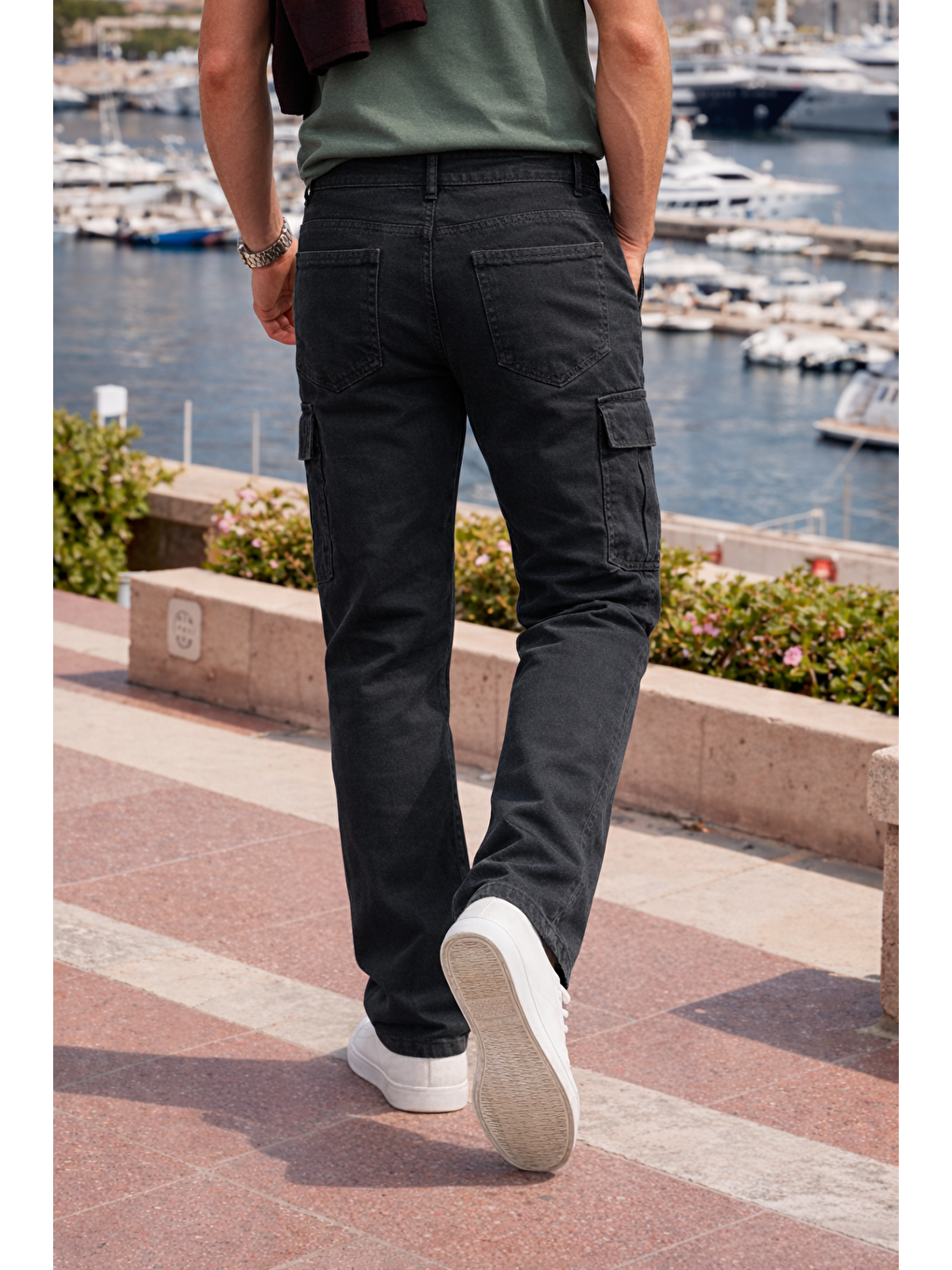 Gri Erkek Relax Fit Füme Baggy Kargo Pantolon-5